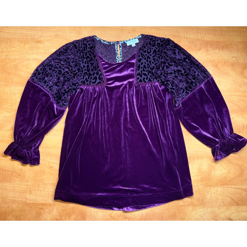 Umgee Purple Velvet Leopard Burnout Babydoll Top Long Sleeve Ruffle K7363 Small
